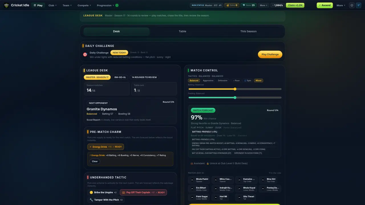 Cricket Idle League Desk with match forecast and Play Match button