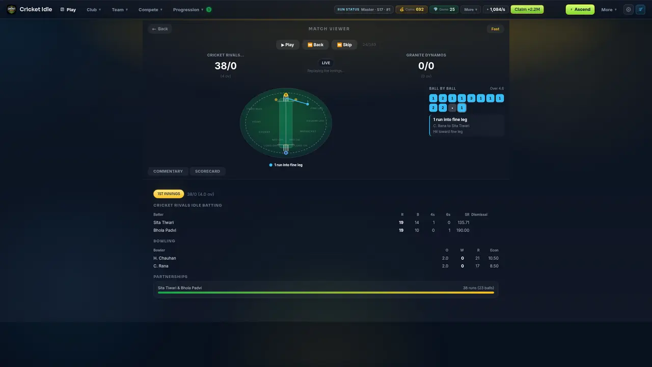 Cricket Idle live match feed with ball-by-ball commentary